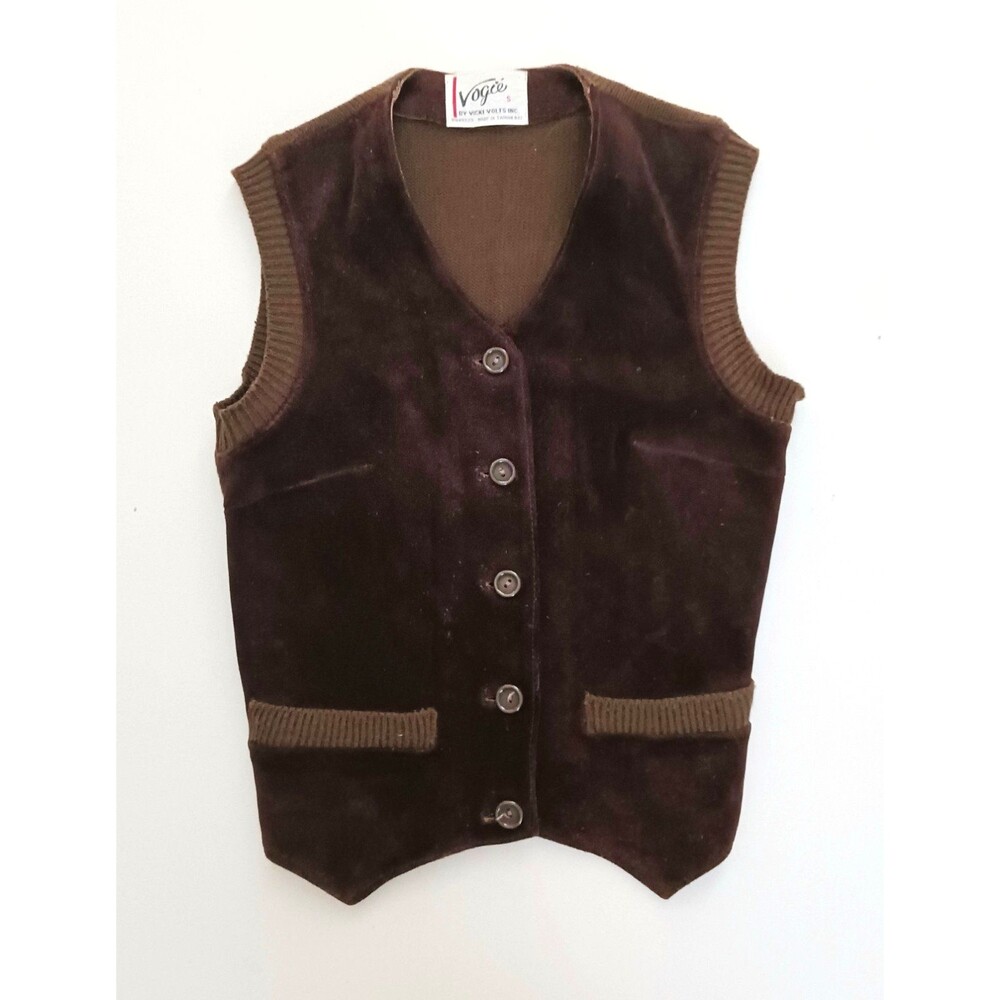 VTG 70s Vicki Volt Brown Suede Button Front Vest Rib Knit Back Sz S